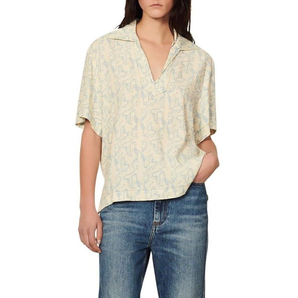 Sandro Paris Women Ecru/Light Blu Viscose Siris Relaxed Blouse Size 1 / Small